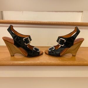 Latitude Femme wedge, leather upper and sole, size 36.5. Black w silver buckle